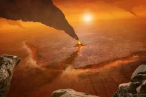 This artist’s concept of the large Quetzalpetlatl Corona located in Venus’ southern hemisphere depicts active volcanism and a subduction zone, where the foreground crust plunges into the planet’s interior. A new study suggests coronae are the locations of several types of tectonic activity. NASA/JPL-Caltech/Peter Rubin