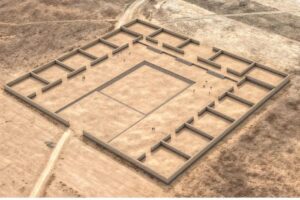 Stone alignments revealed an ancient temple, called Palaspata after the native name for the area. The temple complex is approximately 125 meters long by 145 meters wide — about the size of a city block — and includes 15 quadrangular enclosures arranged around a rectangular inner courtyard. This is a digital reconstruction of the temple.