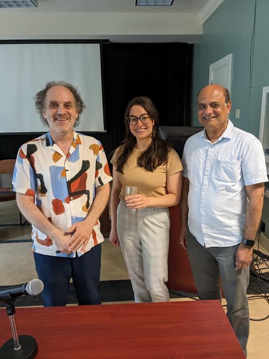 From left: Nicolas Cermakian, Tara Delorme, and Lalit Srivastava at Tara’s PhD defense.