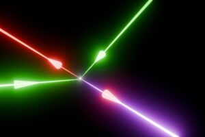 Illustration of photon-photon scattering in a laboratory setting. Two green petawatt laser beams collide at a focal point along with a third red beam, which polarizes the quantum vacuum. This interaction generates a fourth laser beam—blue in color and traveling in a unique direction—that conserves both momentum and energy. Credit: Zixin (Lily) Zhang.
