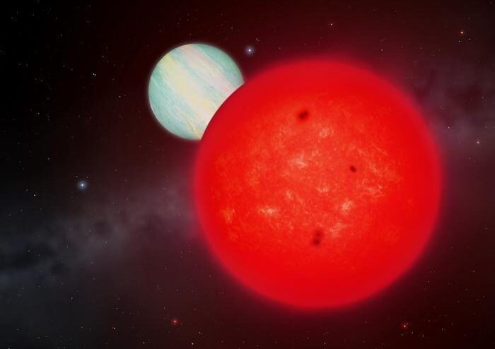 Artwork depicting the exoplanet TOI-6894b around a red dwarf star.