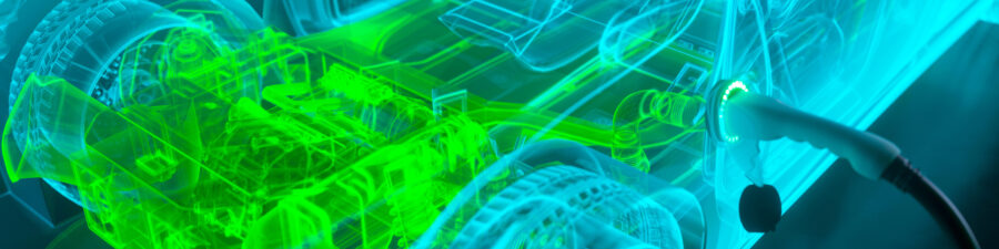 Conceptual electric car hologram charging from a charging station lit up glowing 3d render
