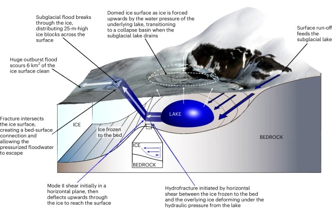 The texts associated with blue arrows indicate tentative hypotheses. Note that the graphic is not to scale and the precise angle of flood propagation upwards to the surface remains unknown. Landsat-8 surface imagery data from https://earthexplorer.usgs.gov.