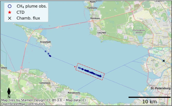 Dashed blue lines show shipping lanes, and dark blue circles mark CH₄ plumes.