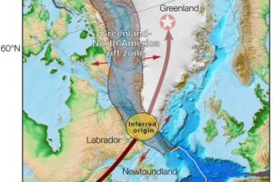 Map showing the origin of the Northern Appalachian Anomaly when Greenland and North America split, and its journey more than 80 million years to its location beneath New England, plus the mirror image twin of the NAA beneath Greenland.
