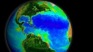 A satellite-derived image of Earth showing the Atlantic Ocean and surrounding continents, overlaid with false-colour data indicating phytoplankton concentrations. Bright greens and yellows highlight dense blooms near coastlines, particularly where the Amazon River meets the sea. Deep blues and purples mark nutrient-poor waters farther offshore. This image, based on NASA SeaWiFS data from 2003–2006, visualises chlorophyll levels that reflect the abundance of microscopic phytoplankton. These organisms photosynthesise using chlorophyll, and their seasonal growth is fuelled by land-borne nutrients and winter mixing. Blooms peak in spring and decline by early summer as nutrients are depleted and grazers multiply. 