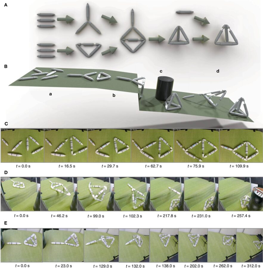 This describes a process where simple parts come together step by step into a complex shape: It starts with six separate links.