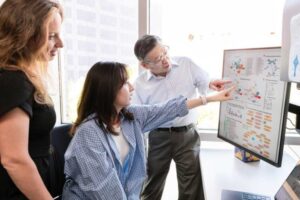 Researchers from UCSF and the Gladstone Institutes identified two cancer drugs that effectively treated a severe Alzheimer's disease model. Pictured from left: Marina Sirota, PhD; Yaqiao Li, PhD; and Yadong Huang, MD, PhD. Photo by Michael Short, Gladstone Institutes.