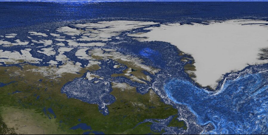 Ocean currents swirl around North America (center left) and Greenland (upper right) in this data visualization created using NASA’s ECCO model.