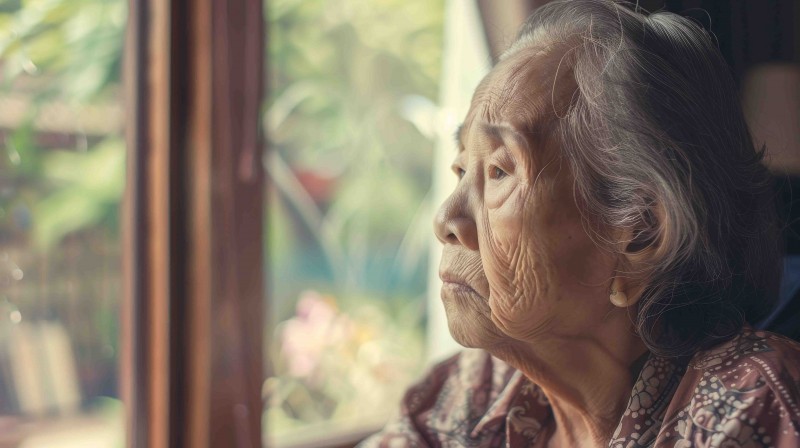 older Chinese woman looking out window