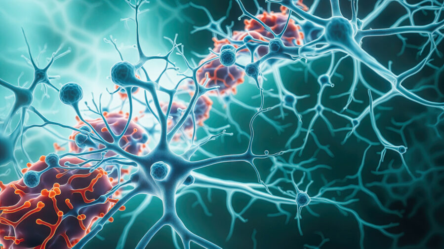 Cedars-Sinai investigators boosted ACE expression of microglia (shown in orange and purple) to combat Alzheimer’s disease.