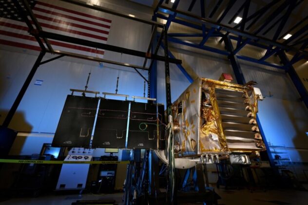 With one of its solar arrays deployed, NASA’s Lunar Trailblazer sits in a clean room at Lockheed Martin Space in Colorado during testing in August 2024. The mission was to investigate the nature of the Moon’s water, but controllers lost contact with the spacecraft a day after launch in February 2025. Credit: Lockheed Martin Space
