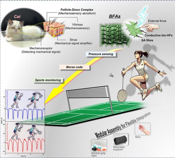 Inspired by the sensing function of cat whiskers, researchers have developed biomimetic biomass PHFs/SA aerogels (BFAs) using precursor-assisted in situ polymer