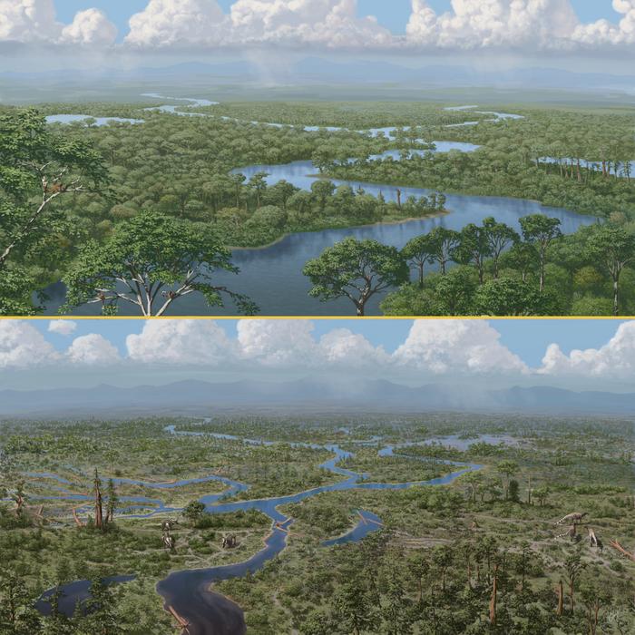 Artistic rendering of a University of Michigan study suggesting that dinosaurs acted as "ecosystem engineers," limiting the spread of dense forests.