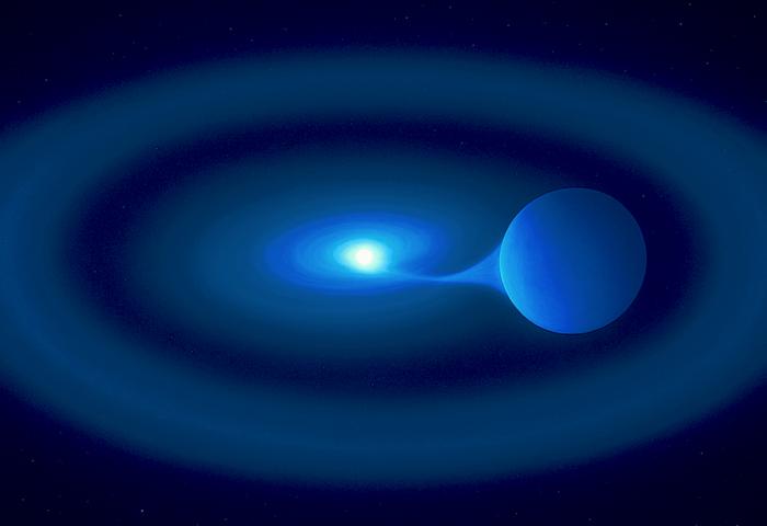 Double star V Sagittae - 10,000 light years from earth - is burning bright because greedy white dwarf is gorging on its larger twin
