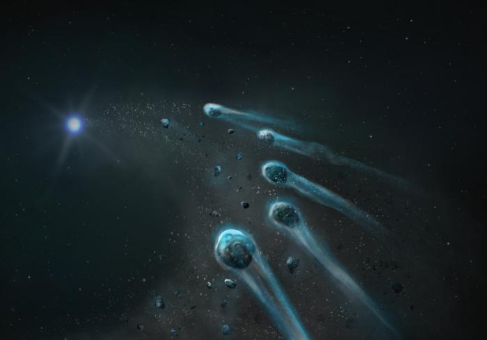Artists Impression of white dwarf WD 1647+375 accreting icy planetary fragments from a pluto-like world, creating the chemical signature idenfitifed in this study