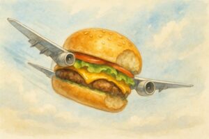abstract illustration of a flying hamburger
