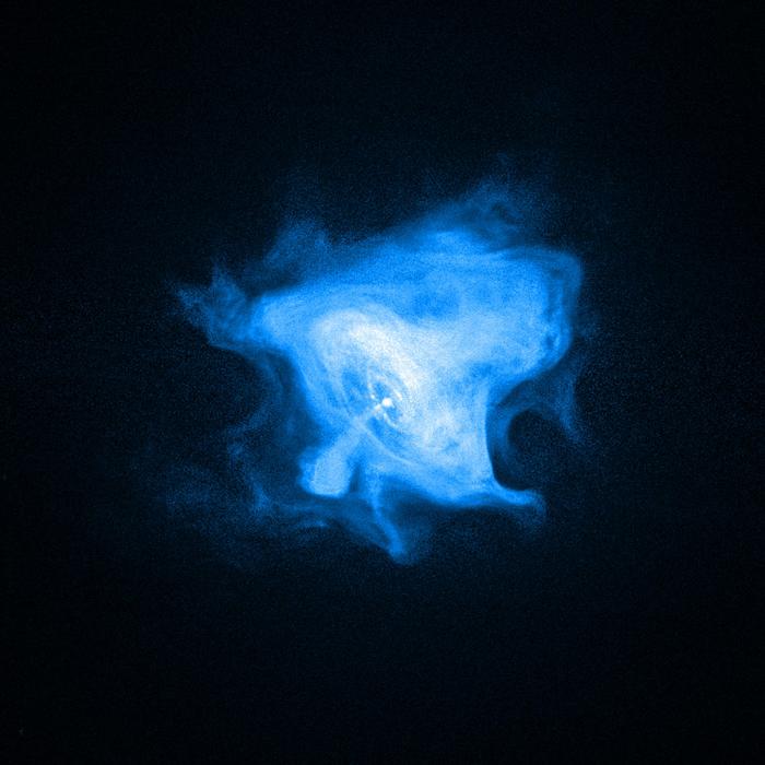 In the Crab Nebula, a rapidly spinning neutron star, or pulsar (white dot near center), drives the activity seen by Chandra.