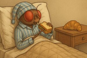 A fly, in a comfy bed. The covers are pulled up to its waist. The fly is wear pajamas and a nightcap, and is propped up with pillows behind its back. There is a nightsand next to the table within arm's reach. On the nightstand are snacks, like a buttery croissant and a sandwich.