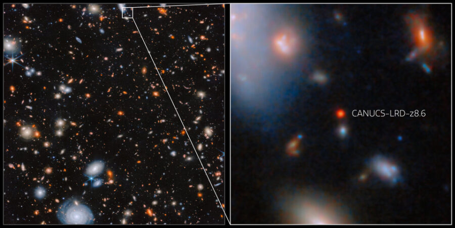 This image shows the location of galaxy CANUCS-LRD-z8.6 in galaxy cluster MACS J1149.5+2223, as seen by Webb’s Near-Infrared Camera (NIRCam).