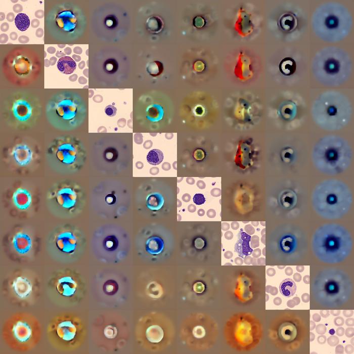 Different types of blood cells analysed by CytoDiffusion, a generative AI tool used to detect abnormalities in blood samples.