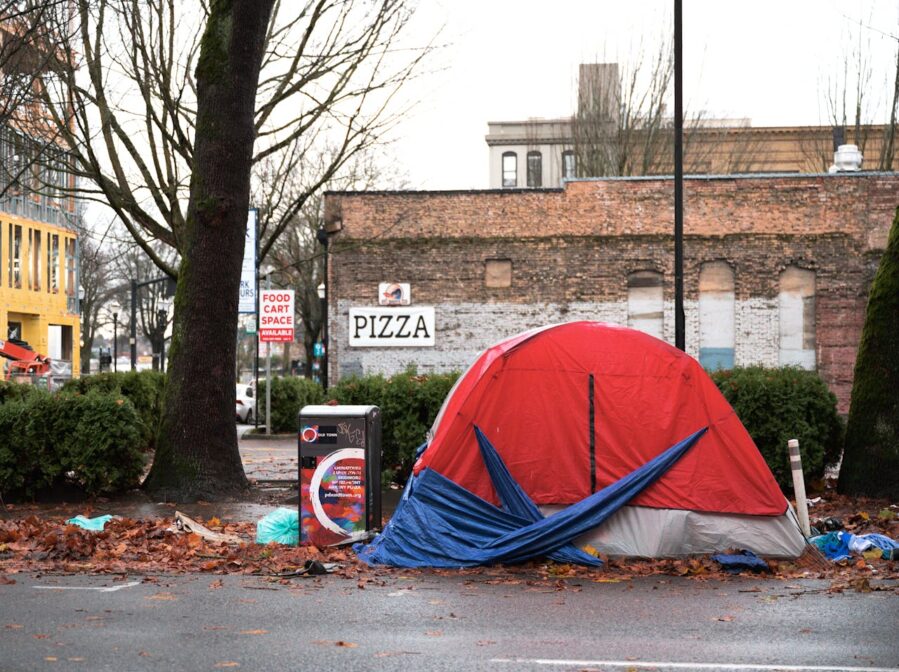 Homeless tent in a run down neighborhood