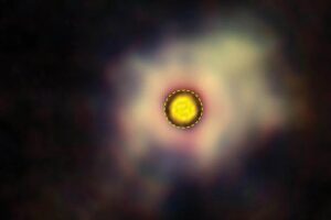 Dust clouds glow around the aging star R Doradus as it sheds its outer layers. Astronomers once thought starlight reflecting off this dust could drive the star’s powerful wind, but the colors reveal the grains are too small to do the job. This polarized-light image was captured by VLT/SPHERE, with ALMA’s view of the star’s surface shown at the center in yellow and orange.