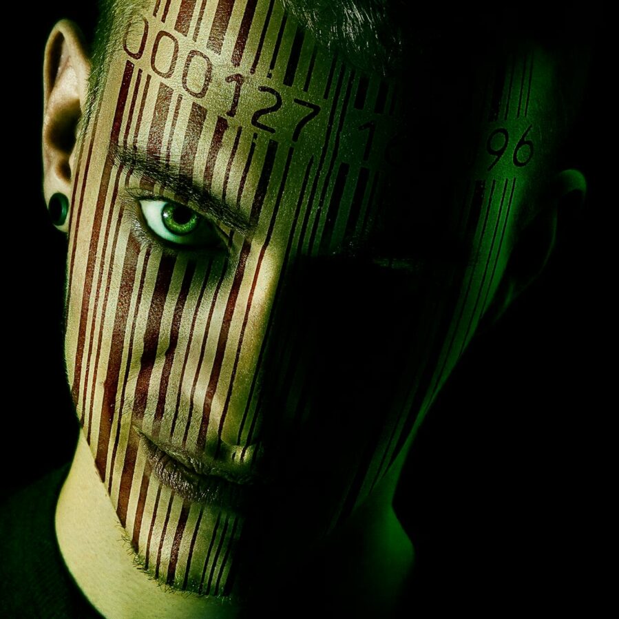 face with a barcode superimposed