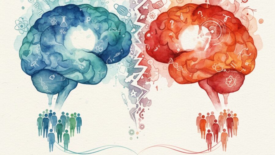 abstract illustration of blue and red brains