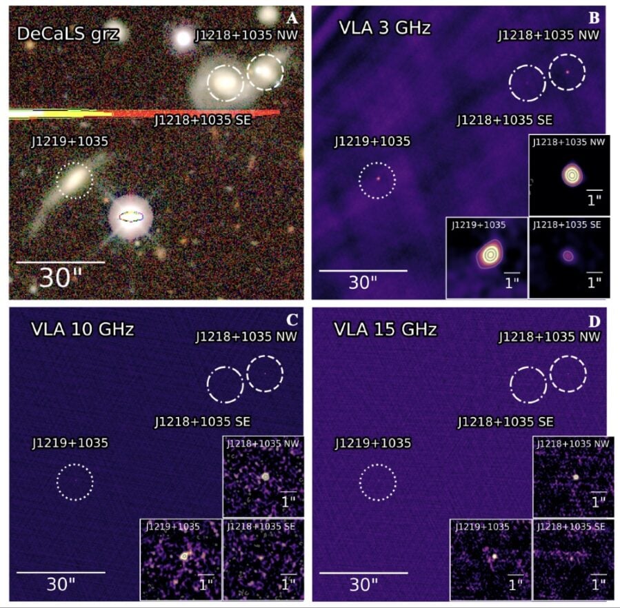Optical DeCaLS grz images and radio VLA images of J1218/J1219+1035. Credit: The Astrophysical Journal Letters (2025). DOI: 10.3847/2041-8213/ae2002