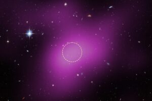 Magenta is radio data from the ground-based Very Large Array (VLA) showing the presence of Cloud-9. The dashed circle marks an area where researchers focused their search for stars. Hubble found no stars within Cloud-9. The few objects within its boundaries are background galaxies.
