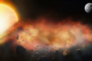 This artist’s illustration shows a large disk of planetary debris, surrounded by a thick cloud of dust and gas, passing in front of a star.