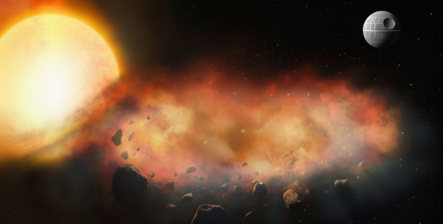 This artist’s illustration shows a large disk of planetary debris, surrounded by a thick cloud of dust and gas, passing in front of a star.