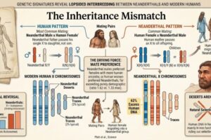 While modern humans carry Neanderthal DNA scattered across our genomes, our X chromosomes remain surprisingly devoid of these ancient sequences. This infographic, based on a groundbreaking study by Platt et al. in Science, illustrates the surprising reason why: "mate preference," not natural selection. The research reveals a striking inheritance mismatch, suggesting a strong preference for specific mating pairs—predominantly Neanderthal males with human females—that shaped the unique genetic landscape of both species.