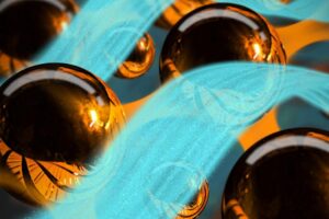 An artist’s depiction of a superfluid wave propagating through a layered superconductor.