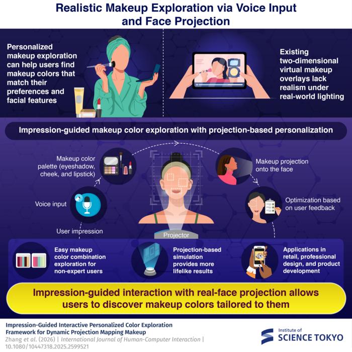 The system interprets mood-based phrases to generate makeup palettes and projects them onto the user’s face, giving a realistic preview of how the makeup would appear under natural lighting and on the person’s own complexion and skin texture.