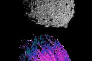 [Top] The boulder-covered moon Dimorphos as seen 8.55 seconds before the impact of the DART space craft. [Bottom] The same image after correcting for lighting conditions across the surface and shadows cast by boulders, revealing a fan-shaped pattern of streaks (highlighted in color for emphasis).