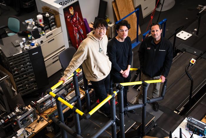 MIT researchers (from left to right) Hyungeun Song, Guillermo Herrera-Arcos, and Hugh Herr have developed the first “living” implant that uses rewired sensory n