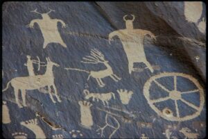 A petroglyph from Newspaper Rock, a site along Indian Creek in southeastern Utah. The rock includes images from cultures dating from 1,500 years ago to much more recent times.