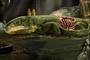 A 289-million-year-old Captorhinus reptile was found preserved in its death pose inside a cave system. Oil seepages, hyper-mineralized water, and fine clays created ideal conditions for mummification — protecting not just bone, but soft tissues including skin, cartilage, and protein remnants.