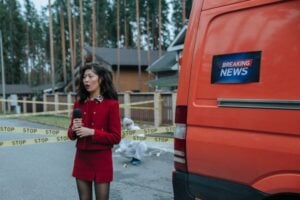 woman tv news reporter on the scene