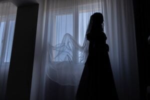 silhouette of a bride in gown
