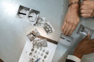 criminal at police hq being interrogated