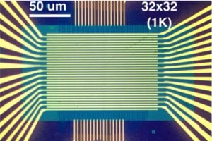 Optical image of a 32 × 32 (1K) crossbar array based on Gra/HfOx/W devices using a two-wire configuration.
