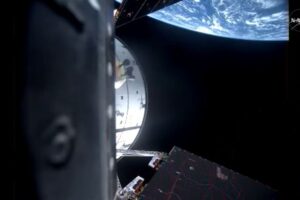 A view of the Earth’s horizon from NASA’s Orion spacecraft as it orbits above the planet during the first hours of the Artemis II test flight. NASA astronauts Commander Reid Wiseman, Pilot Victor Glover, and Mission Specialist Christina Koch, and CSA (Canadian Space Agency) astronaut Mission Specialist Jeremy Hansen, launched at 6:35 p.m. EDT on Wednesday, April 1, 2026, on an approximately 10-day mission around the Moon and back to Earth.