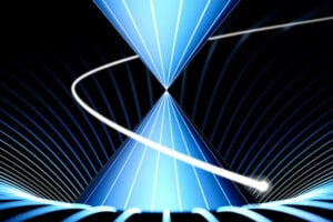 Akin to an emergent curvature of space embedded in quantum materials, the quantum metric deforms electronic trajectories on the surface of topological insulators. © Xavier Ravinet - UNIGE