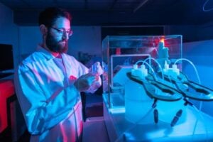 Dr. Nicolas Bourgon preparing samples for zinc stable isotope analysis using a Thermo Scientific Neptune MC-ICP-MS, used to measure isotopic compositions in this