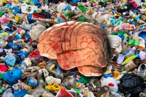 brain in front of plastic waste