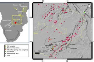 Location map (after Daly et al., 2020) of the extensional zone within the Central African Plateau of Zambia. The Kafue Rift is connected to the Luano and Luangwa rifts to the NE, and the Western branch of the EARS at the Rukwa rift (RRB) and Rungwe Volcanic Province (RVP). Rift zone samples include geothermal wells (Well 15, 18, 20) and springs (Bwengwa and Gwisho). Basement hydrothermal spring samples were collected ∼50 km to the SW (Mosali spring) and ∼150 km to the NNW (Lubungu spring) from the rift zone. Locations of other thermal springs from (Legg, 1974; Tamburello et al., 2022).