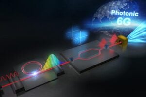 Conceptual illustration of microcomb-driven terahertz wireless communication. Optical frequency combs generated in a microresonator are used to produce low-noise terahertz signals via photomixing, enabling high-speed wireless transmission at 112 Gbps in the 560 GHz band for future 6G systems.